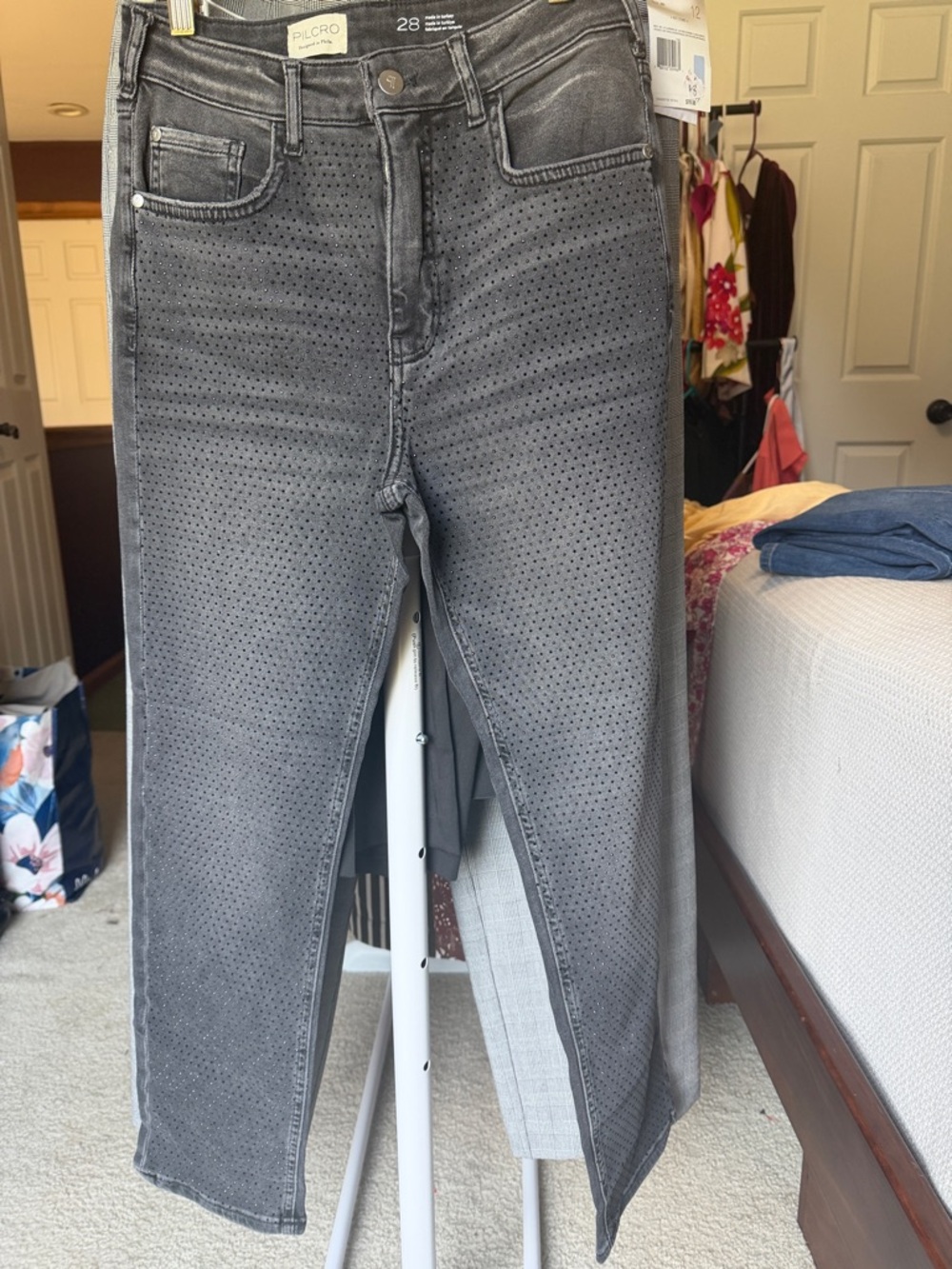 Pilcro Straight Leg Jeans in Washed Gray with Perforated Detail